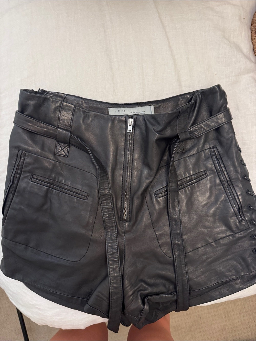 IRO Black Leather High-Waist Shorts with Side Lacing
